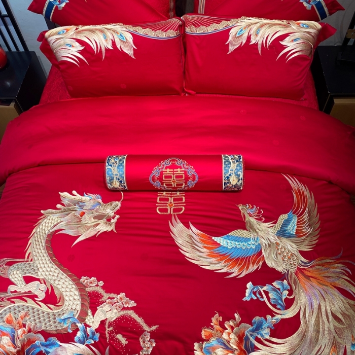 91家纺网 家纺一手货源 找家纺 爱情故事 2025新款100支婚庆四件套实拍 龙凤呈祥