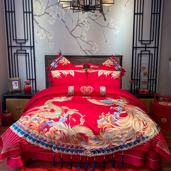 91家纺网 家纺一手货源 找家纺 爱情故事 2025新款100支婚庆四件套实拍 龙凤呈祥