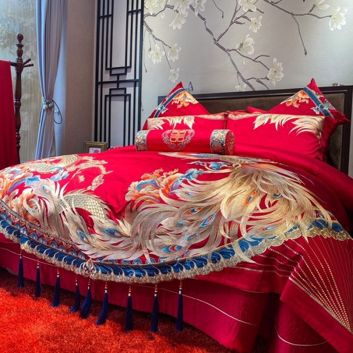 91家纺网 家纺一手货源 找家纺 爱情故事 2025新款100支婚庆四件套实拍 龙凤呈祥