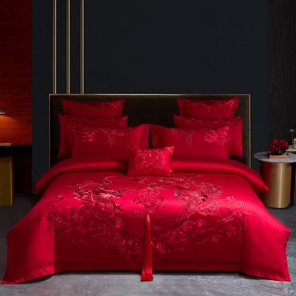 91家纺网 家纺一手货源 找家纺 红番天 2025新款全棉刺绣婚庆四件套六件套多件套 锦绣传承-红