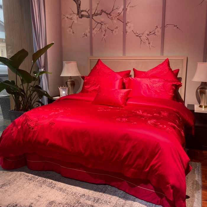 91家纺网 家纺一手货源 找家纺 爱情故事 2025新款100支婚庆四件套实拍 倾城之恋