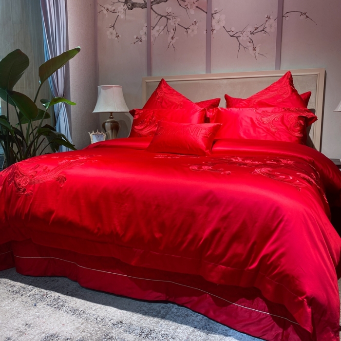 91家纺网 家纺一手货源 找家纺 爱情故事 2025新款100支婚庆四件套实拍 倾城之恋