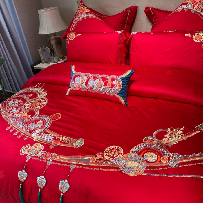 91家纺网 家纺一手货源 找家纺 爱情故事 2025新款100支婚庆四件套实拍 五福满堂