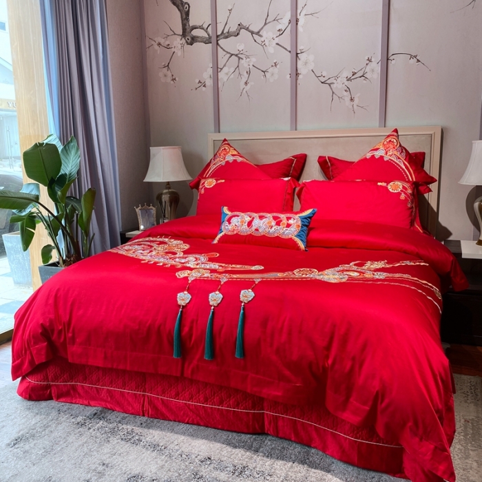 91家纺网 家纺一手货源 找家纺 爱情故事 2025新款100支婚庆四件套实拍 五福满堂