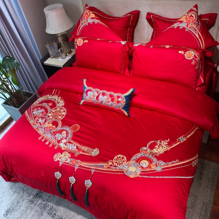 91家纺网 家纺一手货源 找家纺 爱情故事 2025新款100支婚庆四件套实拍 五福满堂