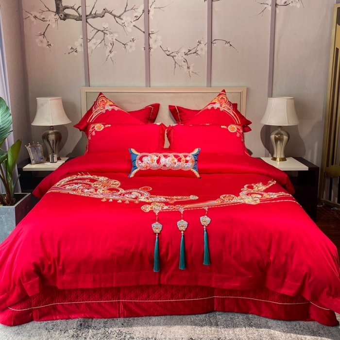 91家纺网 家纺一手货源 找家纺 爱情故事 2025新款100支婚庆四件套实拍 五福满堂