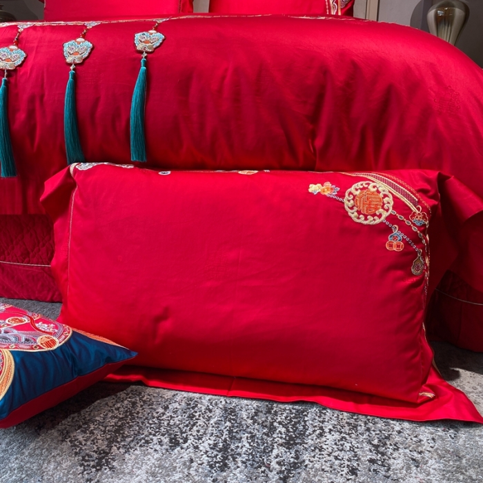 91家纺网 家纺一手货源 找家纺 爱情故事 2025新款100支婚庆四件套实拍 五福满堂