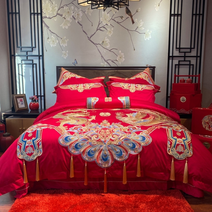 91家纺网 家纺一手货源 找家纺 爱情故事 2025新款100支婚庆四件套实拍 祥龙喜凤