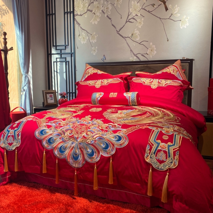 91家纺网 家纺一手货源 找家纺 爱情故事 2025新款100支婚庆四件套实拍 祥龙喜凤