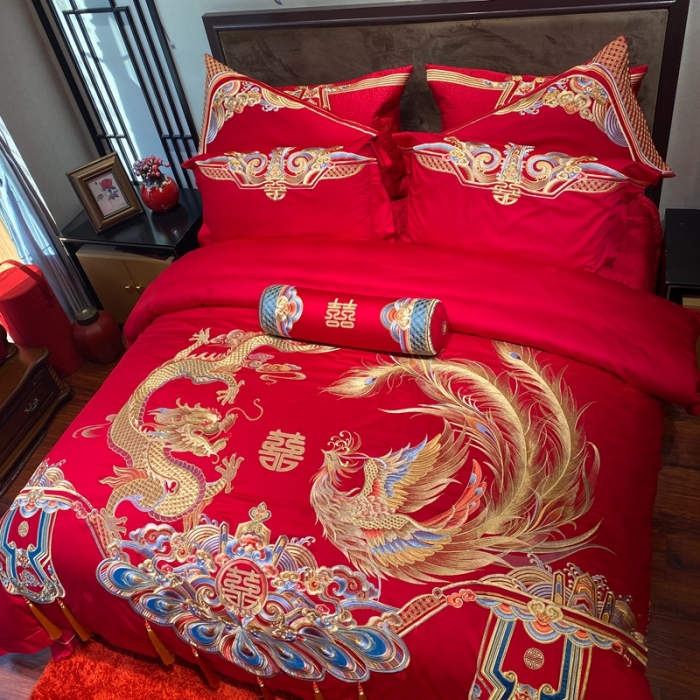 91家纺网 家纺一手货源 找家纺 爱情故事 2025新款100支婚庆四件套实拍 祥龙喜凤