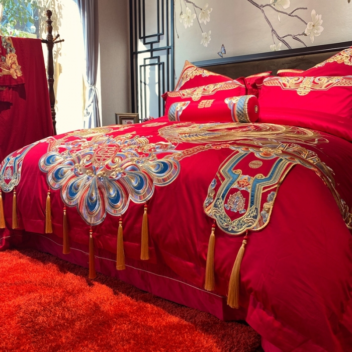 91家纺网 家纺一手货源 找家纺 爱情故事 2025新款100支婚庆四件套实拍 祥龙喜凤