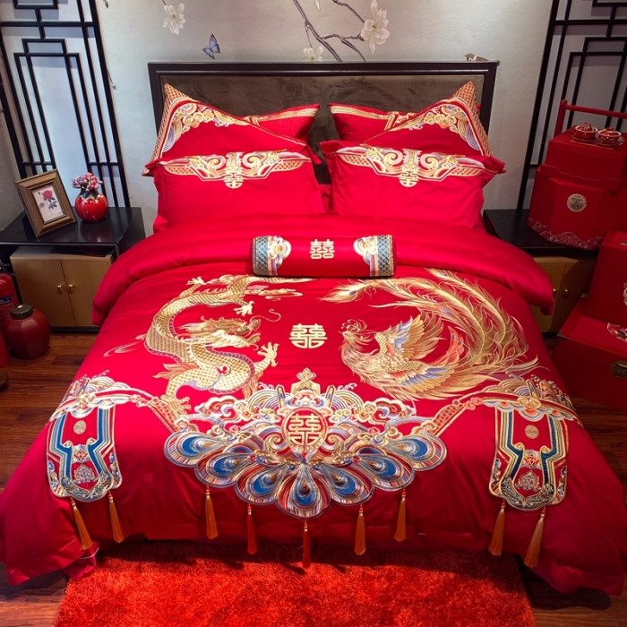 91家纺网 家纺一手货源 找家纺 爱情故事 2025新款100支婚庆四件套实拍 祥龙喜凤