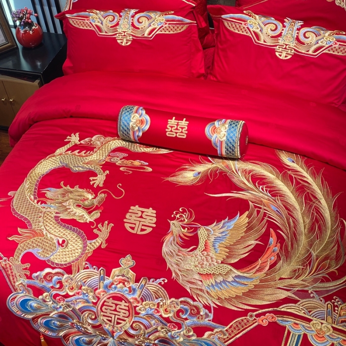 91家纺网 家纺一手货源 找家纺 爱情故事 2025新款100支婚庆四件套实拍 祥龙喜凤
