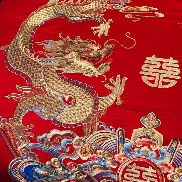 91家纺网 家纺一手货源 找家纺 爱情故事 2025新款100支婚庆四件套实拍 祥龙喜凤