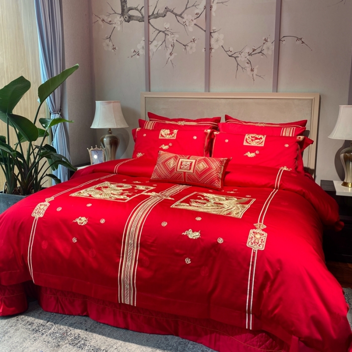 91家纺网 家纺一手货源 找家纺 爱情故事 2025新款100支婚庆四件套实拍 福禄寿喜金