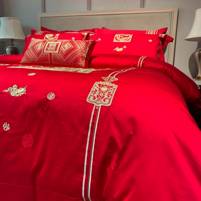 91家纺网 家纺一手货源 找家纺 爱情故事 2025新款100支婚庆四件套实拍 福禄寿喜金