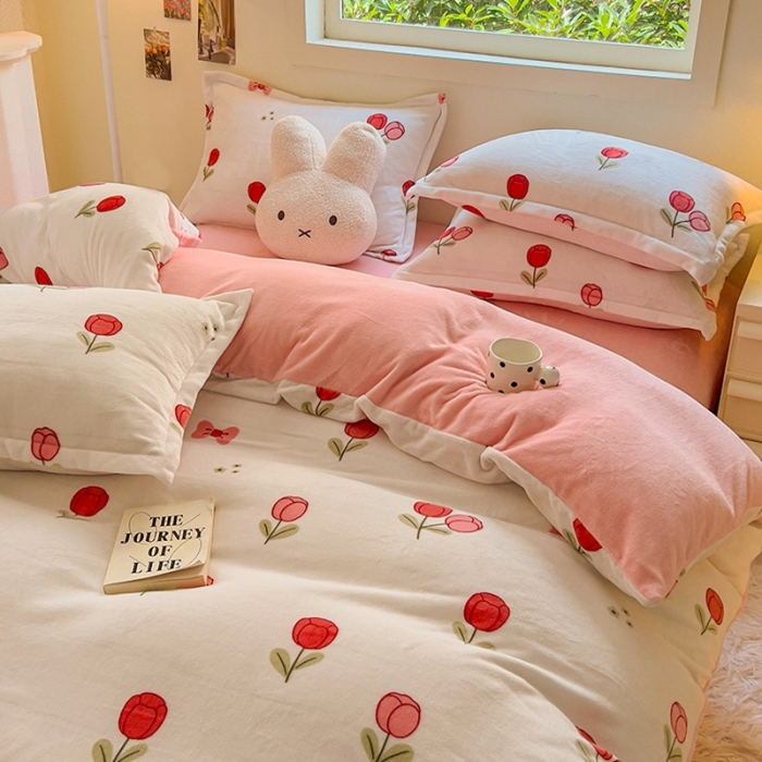 91家纺网 家纺一手货源 找家纺 慕尚 2025新款高克重加厚牛奶绒印花单被套-田园花卉系列 郁金香