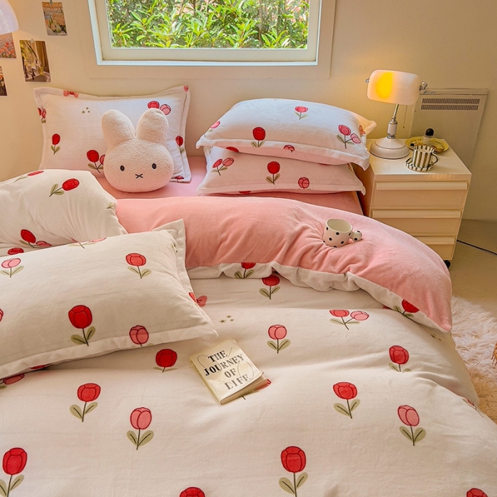 91家纺网 家纺一手货源 找家纺 慕尚 2025新款高克重加厚牛奶绒印花单被套-田园花卉系列 郁金香