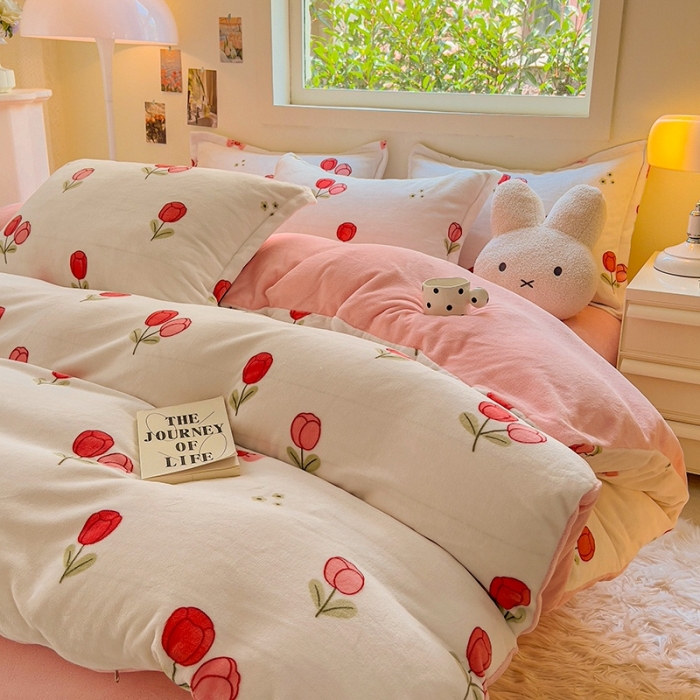 91家纺网 家纺一手货源 找家纺 慕尚 2025新款高克重加厚牛奶绒印花单被套-田园花卉系列 郁金香