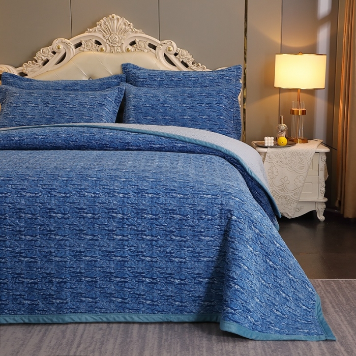 91家纺网 家纺一手货源 找家纺 （总）2023新款水波纹色织牛奶绒床盖三件套