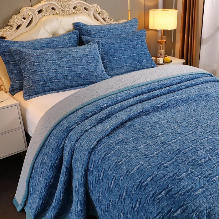 91家纺网 家纺一手货源 找家纺 （总）2023新款水波纹色织牛奶绒床盖三件套