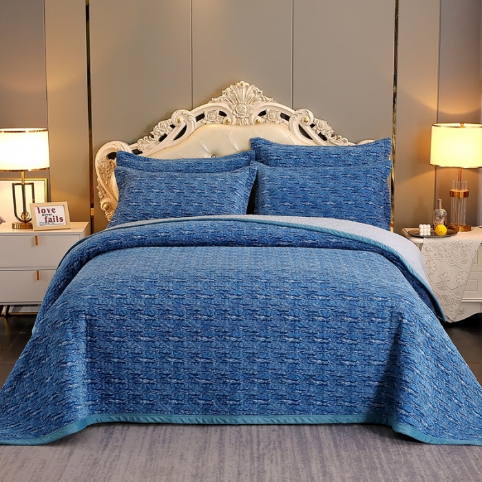 91家纺网 家纺一手货源 找家纺 2023新款水波纹色织牛奶绒床盖三件套 涟漪-宝石蓝