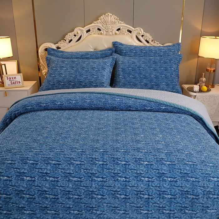 91家纺网 家纺一手货源 找家纺 2023新款水波纹色织牛奶绒床盖三件套 涟漪-宝石蓝
