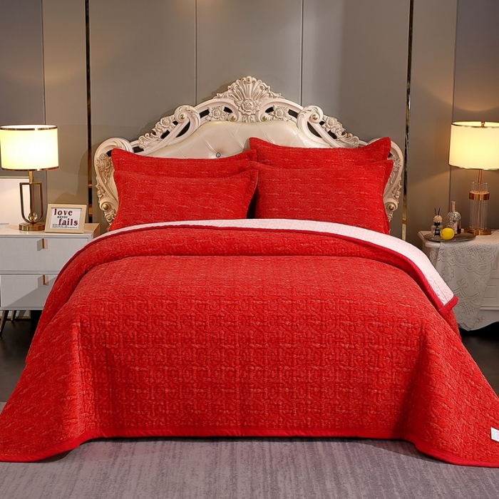 91家纺网 家纺一手货源 找家纺 2023新款水波纹色织牛奶绒床盖三件套 涟漪-大红