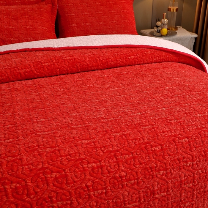 91家纺网 家纺一手货源 找家纺 2023新款水波纹色织牛奶绒床盖三件套 涟漪-大红