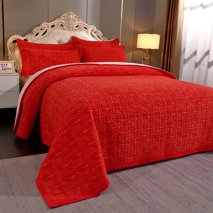 91家纺网 家纺一手货源 找家纺 2023新款水波纹色织牛奶绒床盖三件套 涟漪-大红