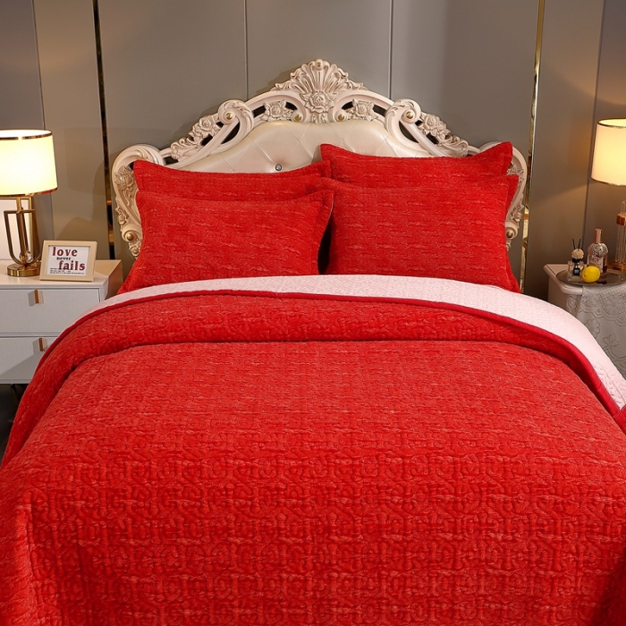 91家纺网 家纺一手货源 找家纺 2023新款水波纹色织牛奶绒床盖三件套 涟漪-大红