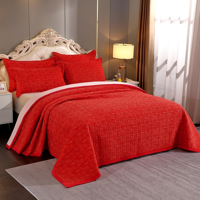 91家纺网 家纺一手货源 找家纺 2023新款水波纹色织牛奶绒床盖三件套 涟漪-大红