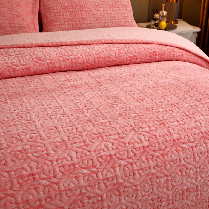 91家纺网 家纺一手货源 找家纺 2023新款水波纹色织牛奶绒床盖三件套 涟漪-粉玉