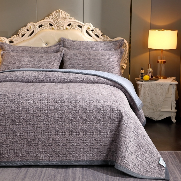 91家纺网 家纺一手货源 找家纺 2023新款水波纹色织牛奶绒床盖三件套 涟漪-灰色