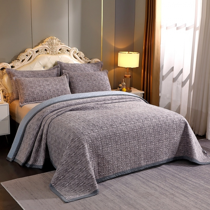 91家纺网 家纺一手货源 找家纺 2023新款水波纹色织牛奶绒床盖三件套 涟漪-灰色