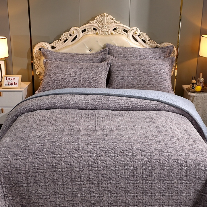 91家纺网 家纺一手货源 找家纺 2023新款水波纹色织牛奶绒床盖三件套 涟漪-灰色