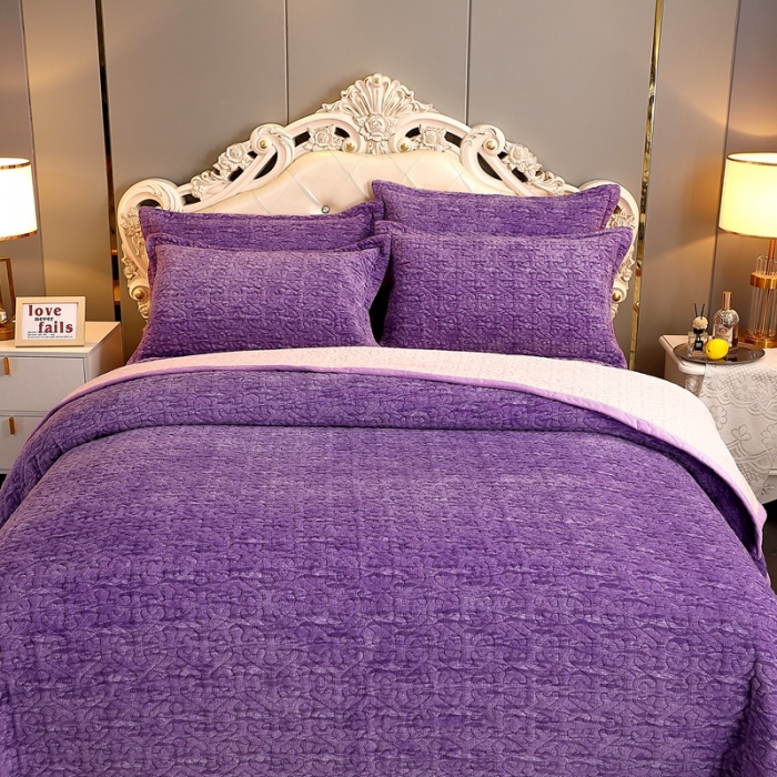 91家纺网 家纺一手货源 找家纺 2023新款水波纹色织牛奶绒床盖三件套 涟漪-罗兰紫