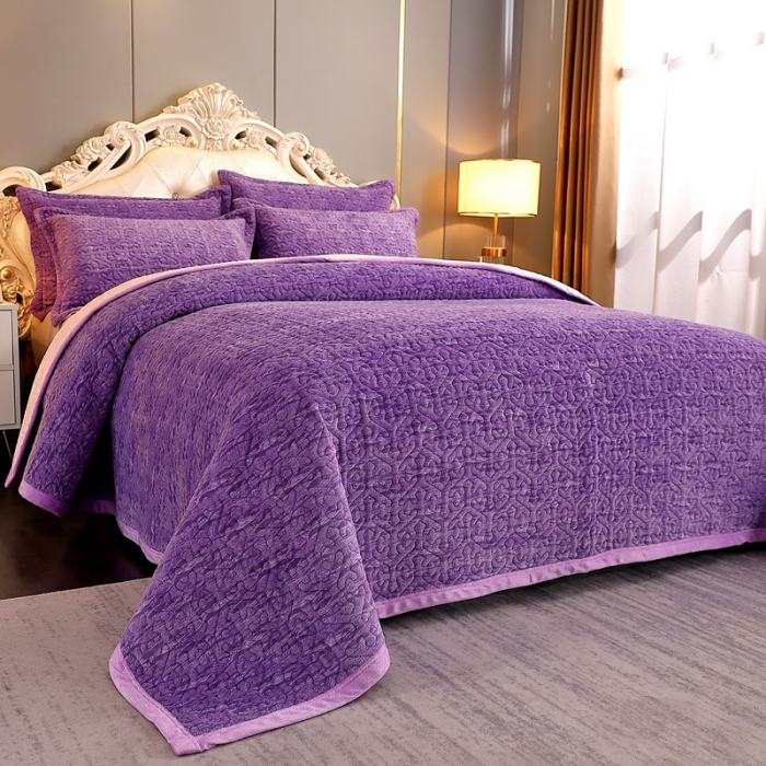 91家纺网 家纺一手货源 找家纺 2023新款水波纹色织牛奶绒床盖三件套 涟漪-罗兰紫