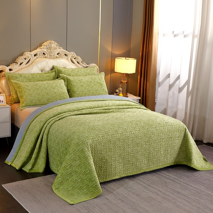 91家纺网 家纺一手货源 找家纺 2023新款水波纹色织牛奶绒床盖三件套 涟漪-浅绿