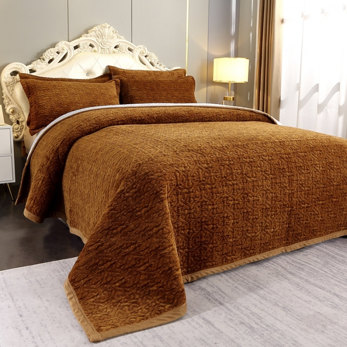 91家纺网 家纺一手货源 找家纺 2023新款水波纹色织牛奶绒床盖三件套 涟漪-深咖