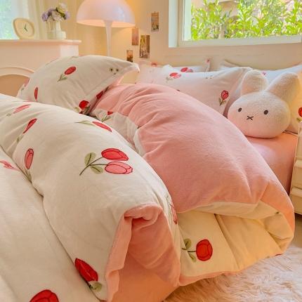 91家纺网 家纺一手货源 找家纺 慕尚 2025新款高克重加厚牛奶绒印花四件套-田园花卉系列 郁金香