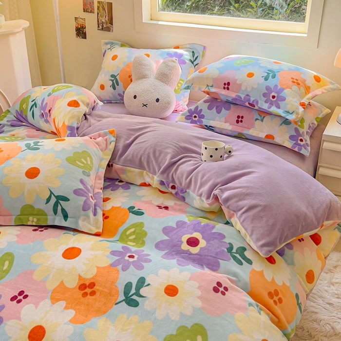 91家纺网 家纺一手货源 找家纺 （总）慕尚 2025新款高克重加厚牛奶绒印花四件套-田园花卉系列