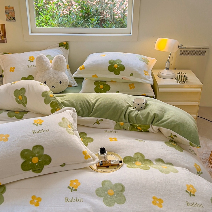 91家纺网 家纺一手货源 找家纺 慕尚 2025新款高克重加厚牛奶绒印花四件套-田园花卉系列 山茶花