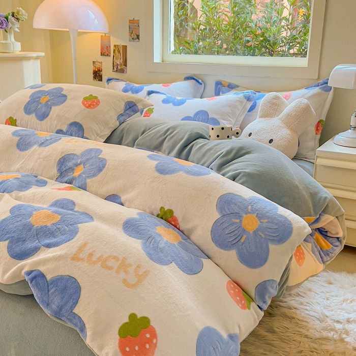 91家纺网 家纺一手货源 找家纺 慕尚 2025新款高克重加厚牛奶绒印花四件套-田园花卉系列 幸运花