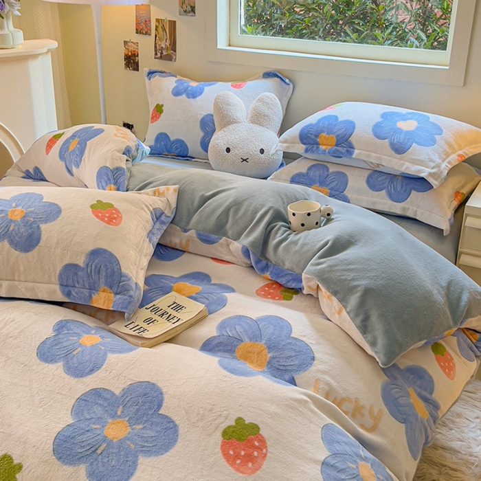 91家纺网 家纺一手货源 找家纺 慕尚 2025新款高克重加厚牛奶绒印花四件套-田园花卉系列 幸运花