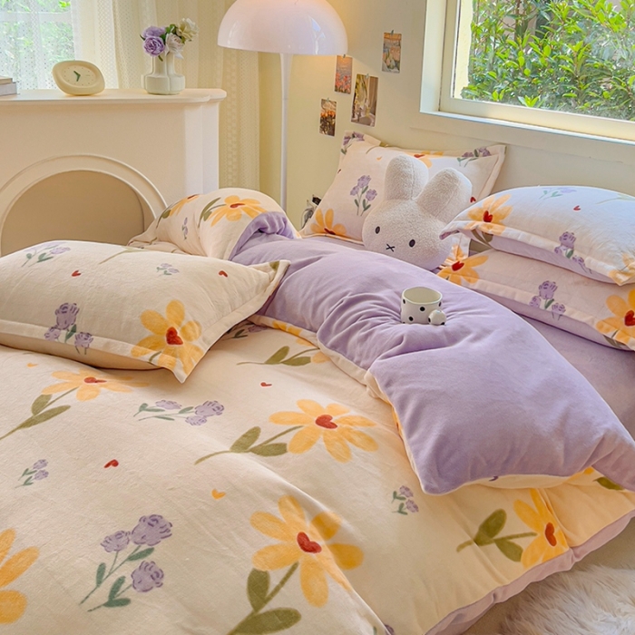 91家纺网 家纺一手货源 找家纺 慕尚 2025新款高克重加厚牛奶绒印花四件套-田园花卉系列 依恋