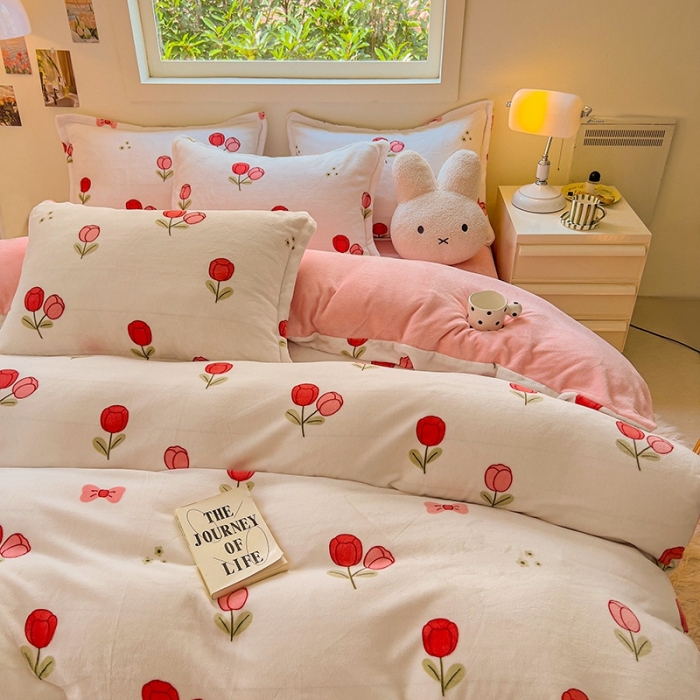 91家纺网 家纺一手货源 找家纺 慕尚 2025新款高克重加厚牛奶绒印花四件套-田园花卉系列 郁金香