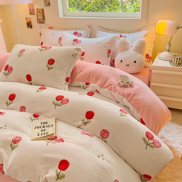 91家纺网 家纺一手货源 找家纺 慕尚 2025新款高克重加厚牛奶绒印花四件套-田园花卉系列 郁金香