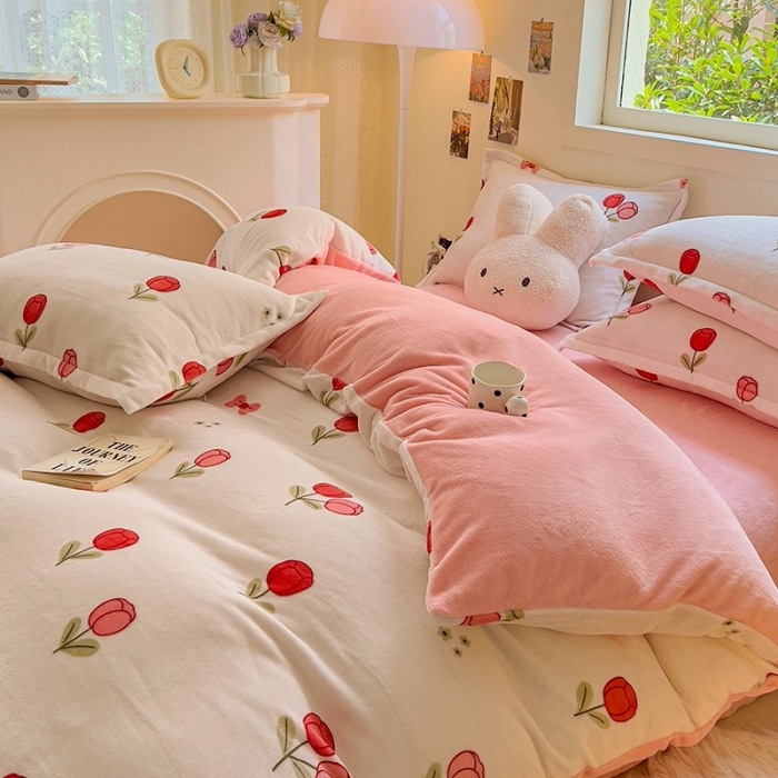 91家纺网 家纺一手货源 找家纺 慕尚 2025新款高克重加厚牛奶绒印花四件套-田园花卉系列 郁金香