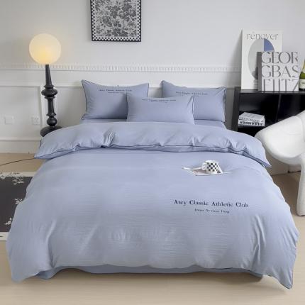 91家纺网 家纺一手货源 找家纺 尤米 2023新款莫奈系列水洗棉绣花麻绳款四件套 莫奈-松石蓝